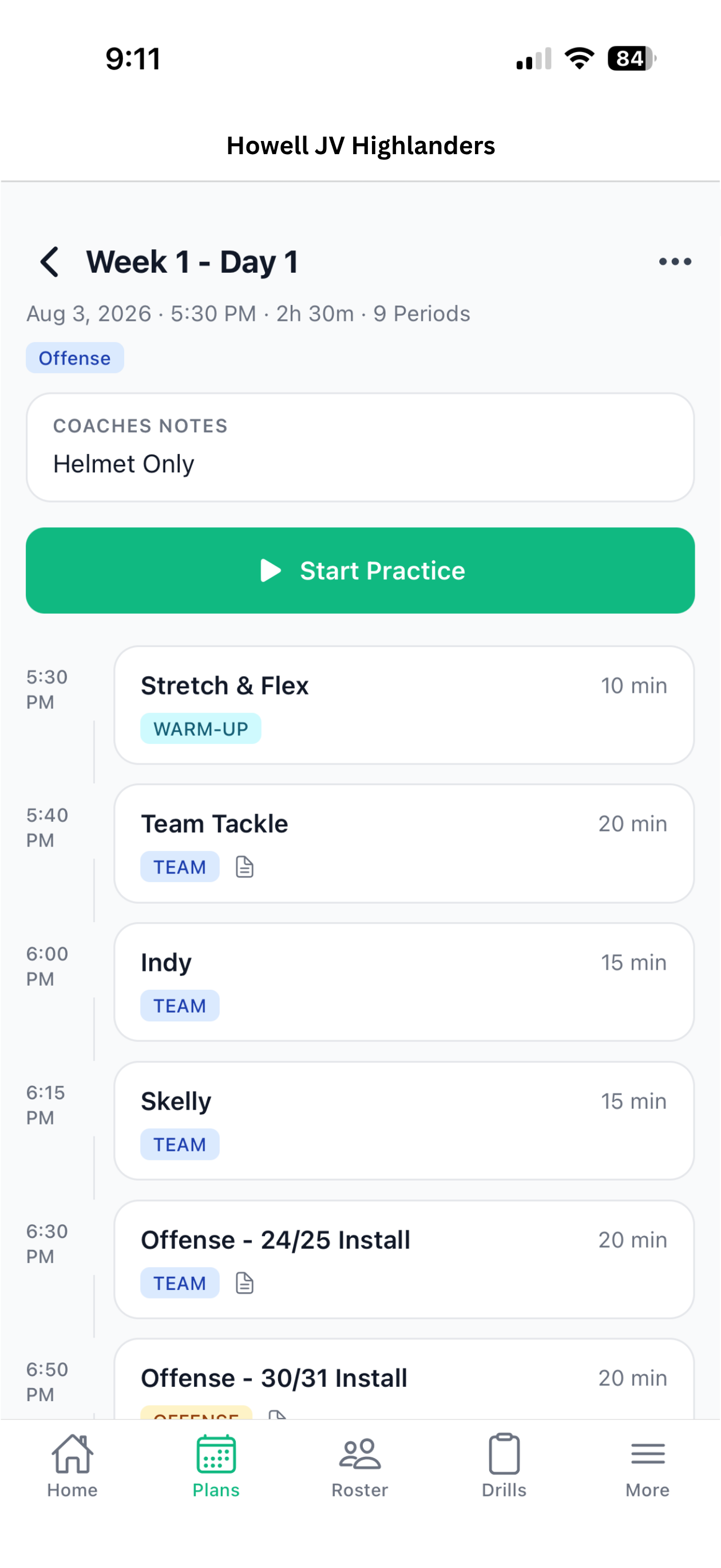 GridironPlan practice plan detail view